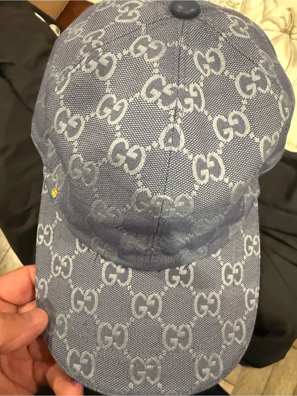 Gucci Cream Satin Hat with Navy and Red Label Accents